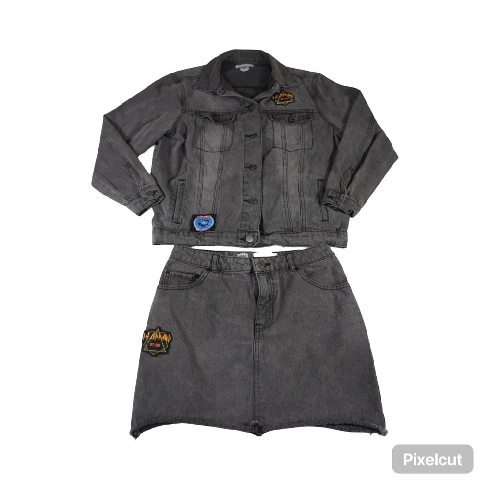 Junk Food Jacket & Skirt Set Womens‎ XS-7 Charcoal Gray Denim Graphic Print